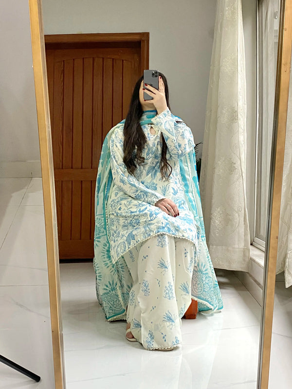 Meherbaan – Stitched Off White & Blue Suit Farshi Shalwar
