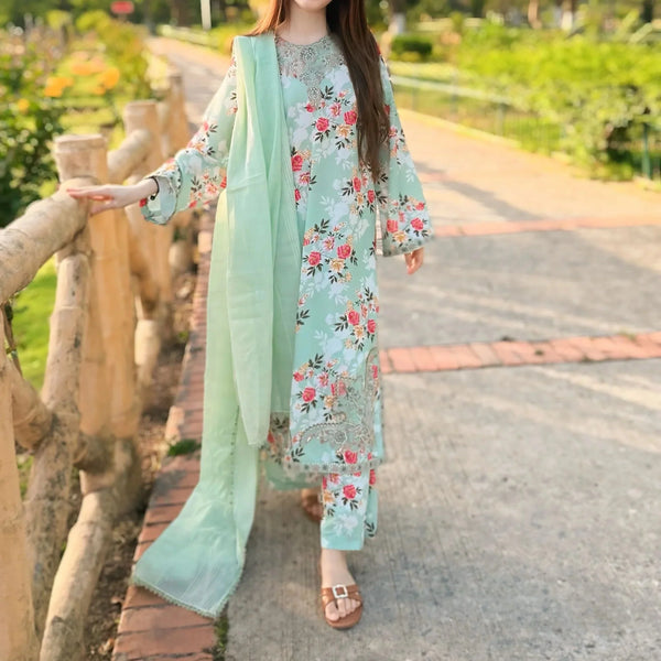 Narmaan –  (Sea Green | Pista) Stitched 3-Piece Embroidered Suit